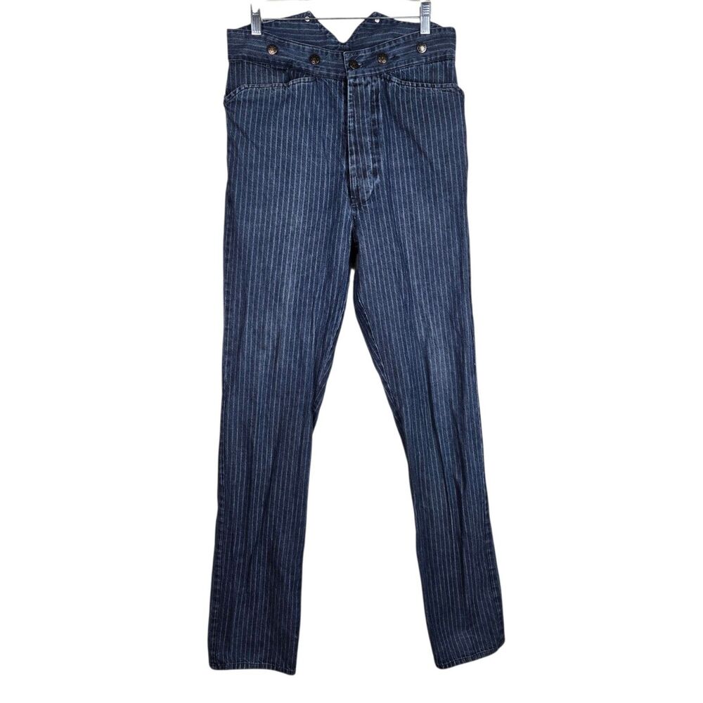 Vtg Frontier Classics Pinstripe Blue Jeans Sz 32 Buckle Back Suspender Buttons